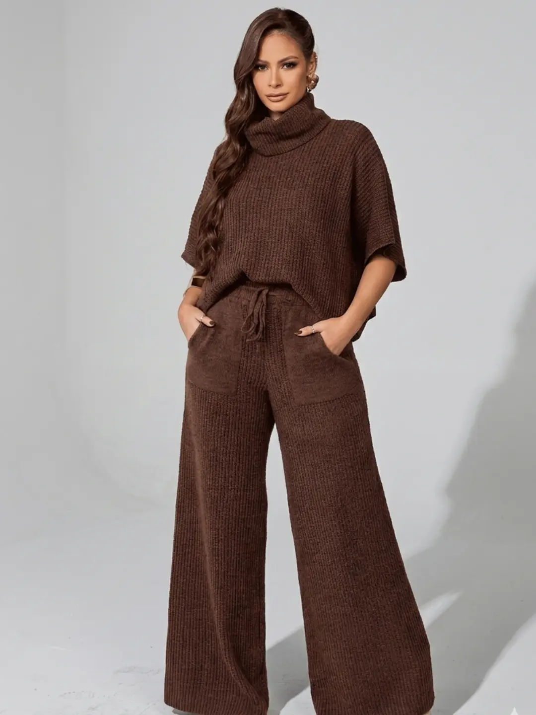 Conjunto feminino em tricot marrom